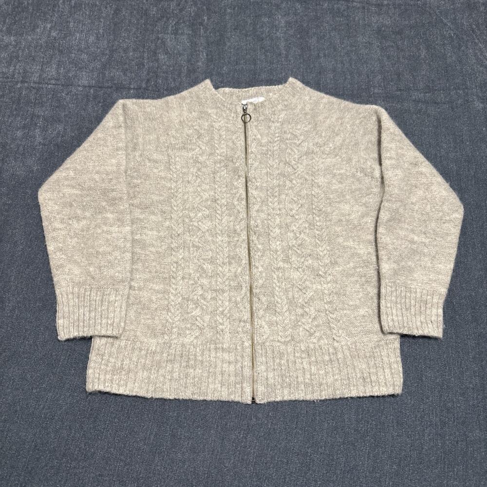 Celtic Co Cardigan Womens Small Grey Beige Full Zip 100% Wool Cable Knit Sweater